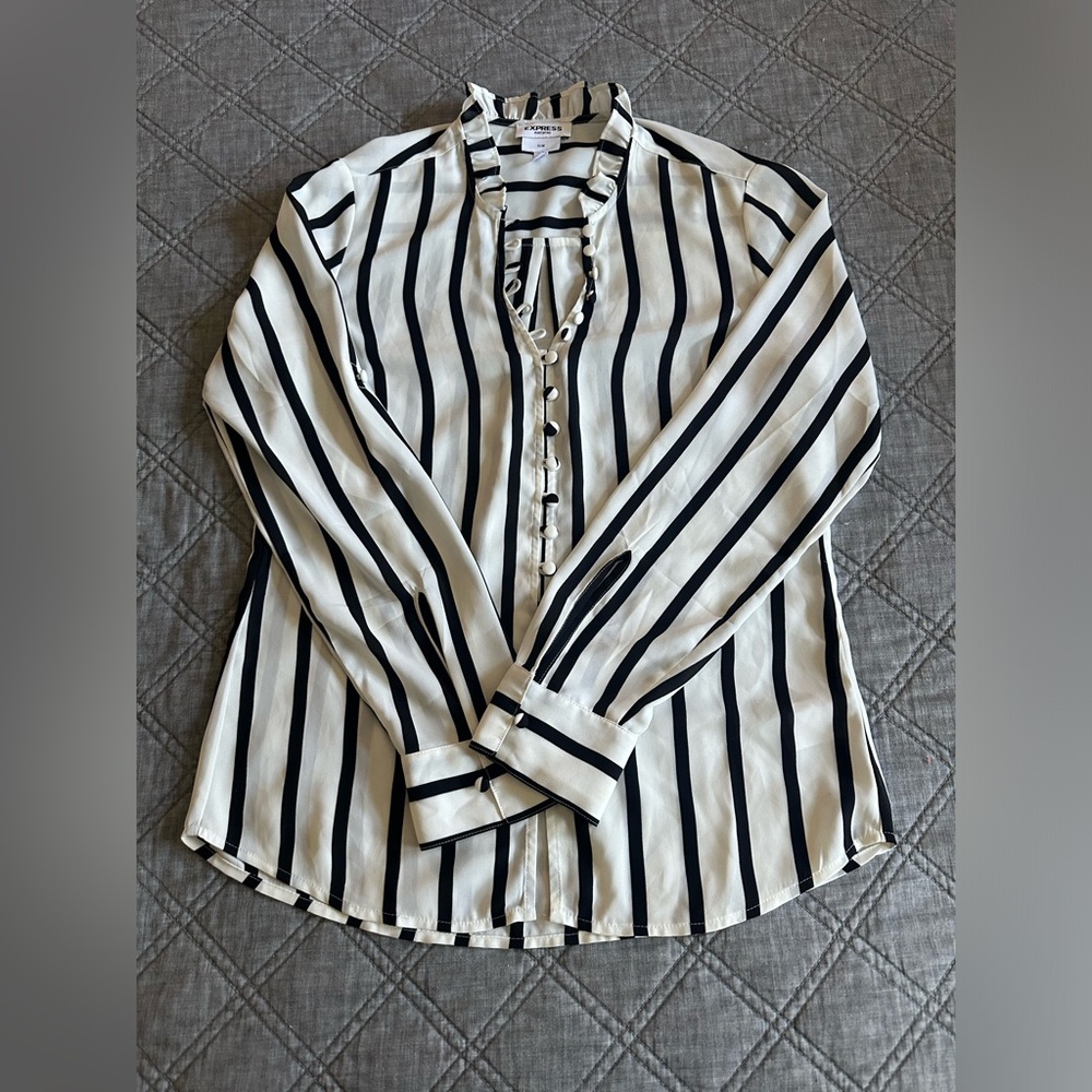 Express Slim Striped Button Down Ruffle Collar - image 3